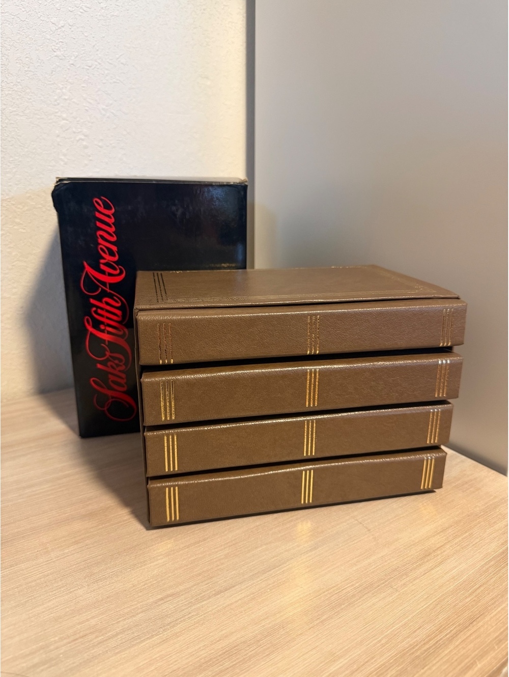 Vintage Saks Fifth Avenue Brown Photo Album ‘Leather Library’ Set with Box